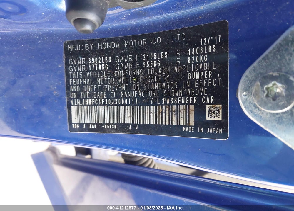 2018 HONDA CIVIC EX-T VIN: JHMFC1F30JX000113