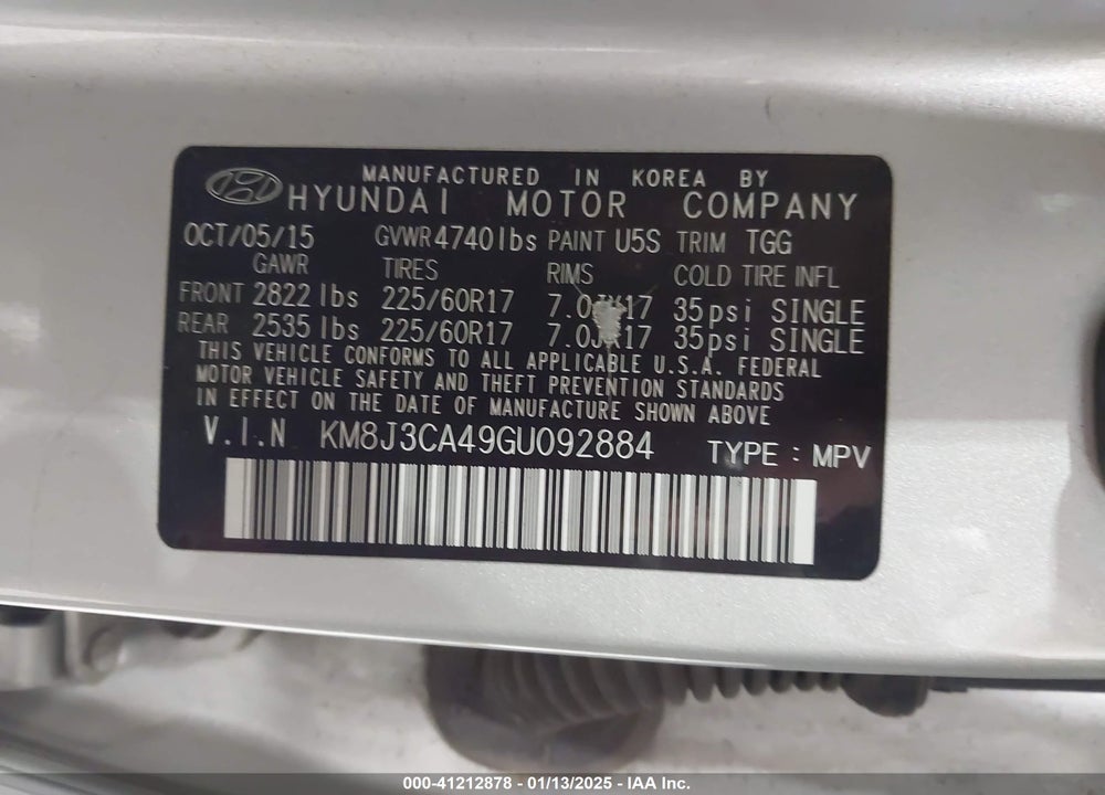 2016 HYUNDAI TUCSON SE VIN: KM8J3CA49GU092884