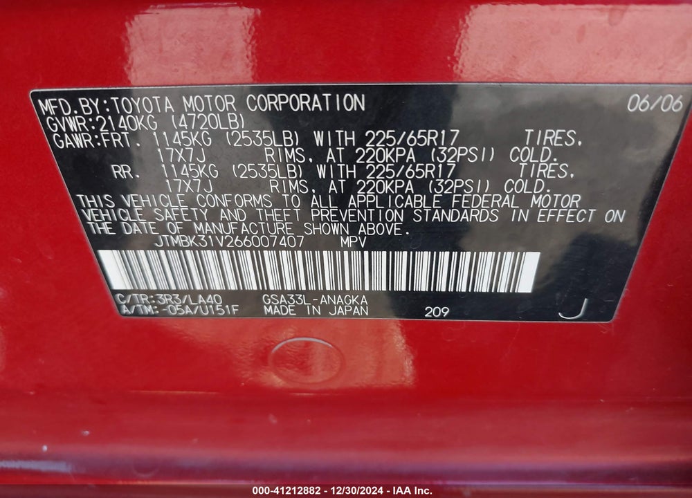 2006 TOYOTA RAV4 LIMITED V6 VIN: JTMBK31V266007407