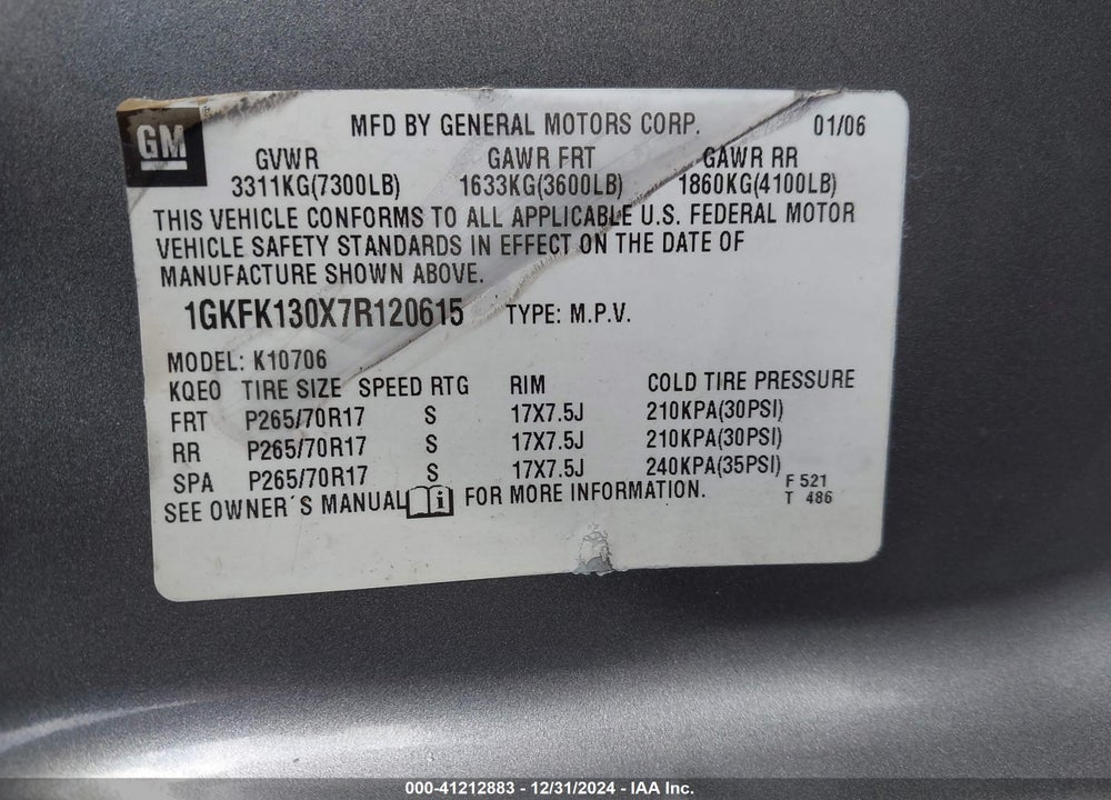 2007 GMC YUKON VIN: 1GKFK130X7R120615