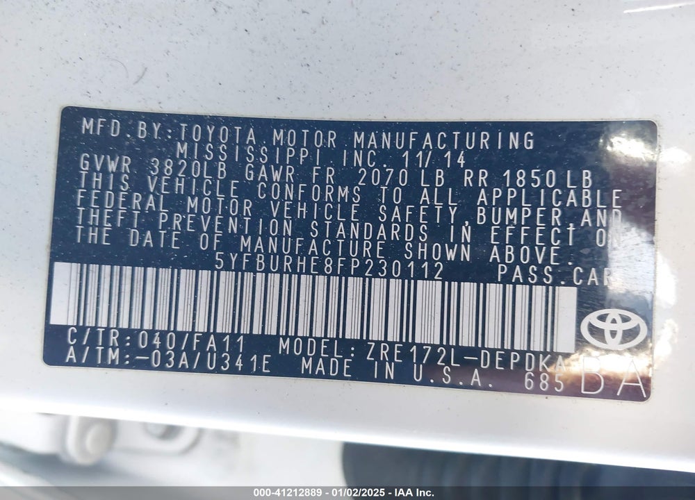 2015 TOYOTA COROLLA L VIN: 5YFBURHE8FP230112