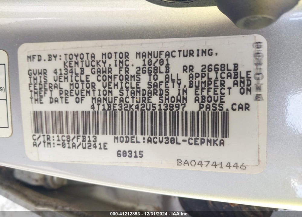 2002 TOYOTA CAMRY LE VIN: 4T1BE32K42U513897
