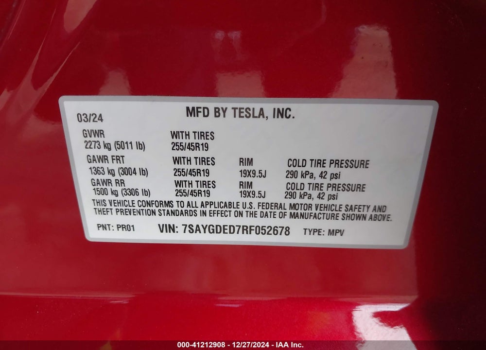 2024 TESLA MODEL Y VIN: 7SAYGDED7RF052678