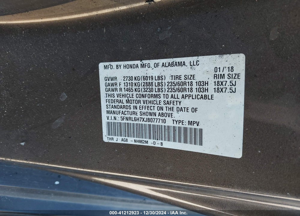 2018 HONDA ODYSSEY EX-L VIN: 5FNRL6H7XJB077710