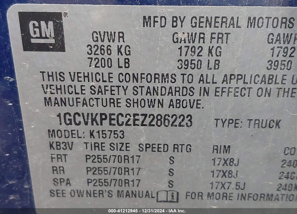 2014 CHEVROLET SILVERADO K1500 VIN: 1GCVKPEC2EZ286223