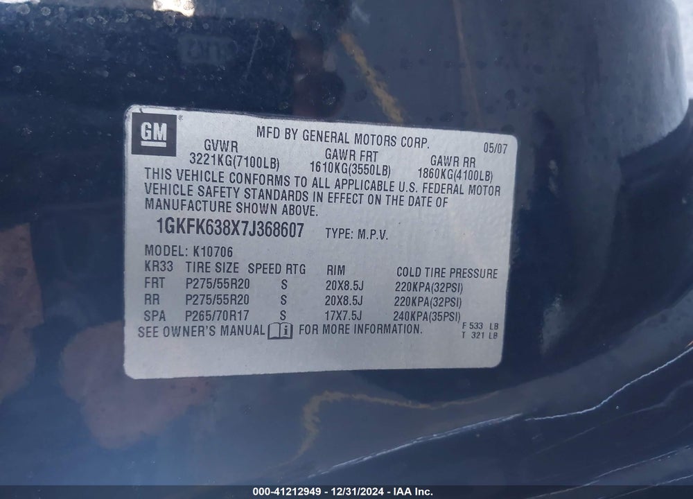 2007 GMC YUKON DENALI VIN: 1GKFK638X7J368607