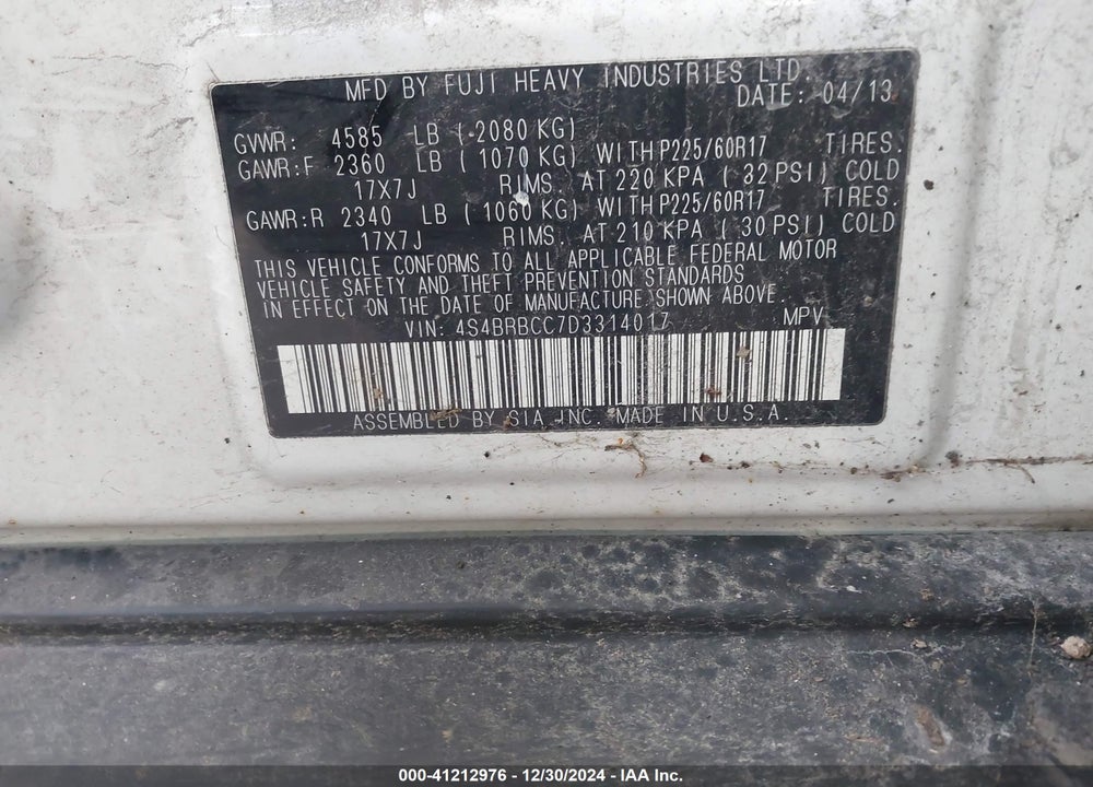 2013 SUBARU OUTBACK 2.5I PREMIUM VIN: 4S4BRBCC7D3314017