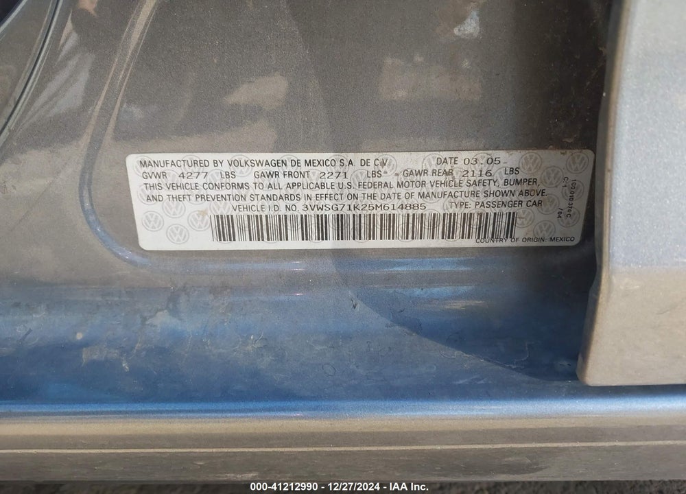 2005 VOLKSWAGEN JETTA 2.5 VIN: 3VWSG71K25M614885