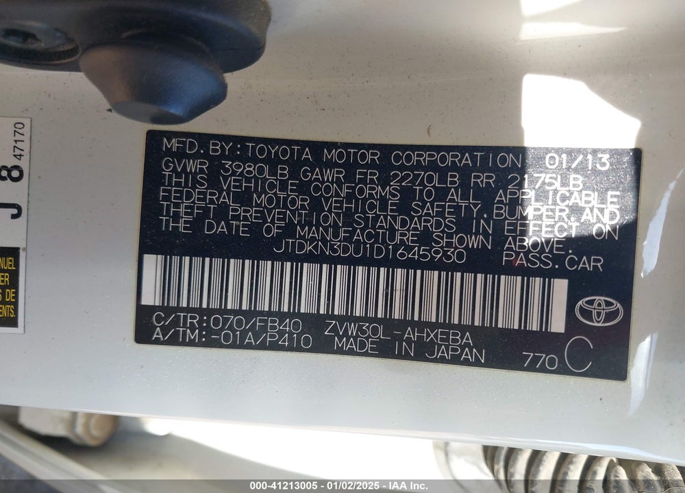 2013 TOYOTA PRIUS TWO VIN: JTDKN3DU1D1645930