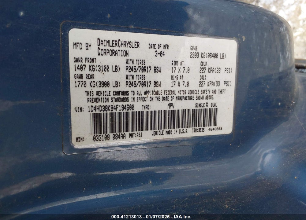 2004 DODGE DURANGO ST VIN: 1D4HD38K94F194600