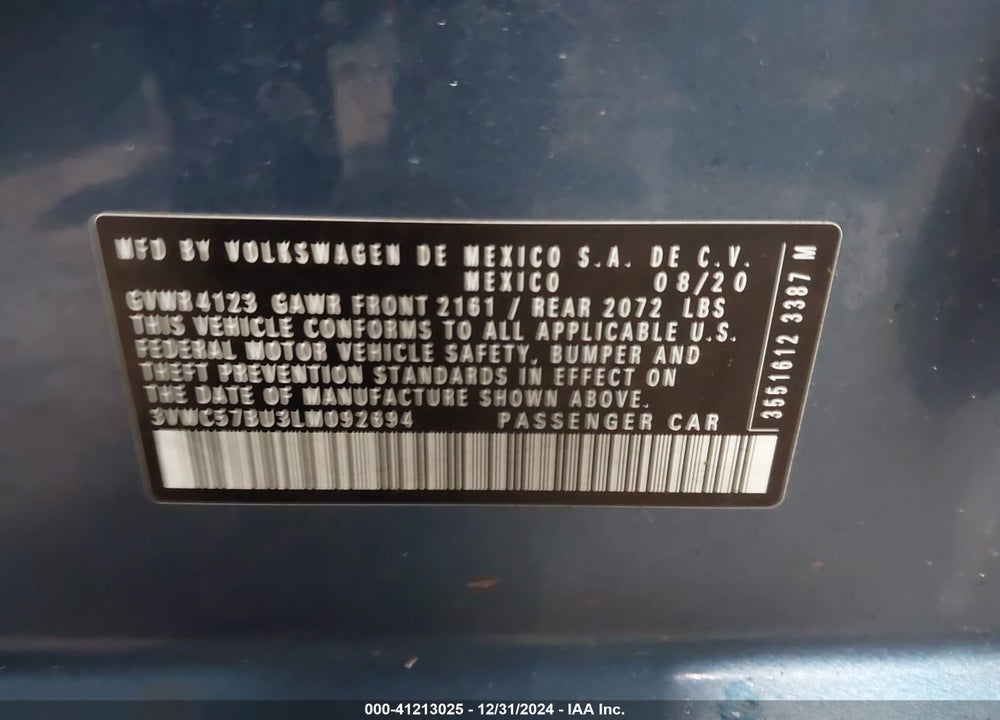 2020 VOLKSWAGEN JETTA 1.4T R-LINE/1.4T S/1.4T SE VIN: 3VWC57BU3LM092694