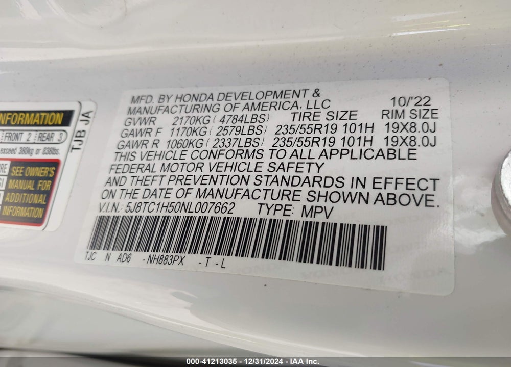 2022 ACURA RDX TECHNOLOGY PACKAGE VIN: 5J8TC1H50NL007662