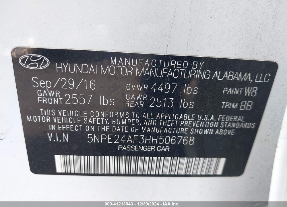2017 HYUNDAI SONATA VIN: 5NPE24AF3HH506768
