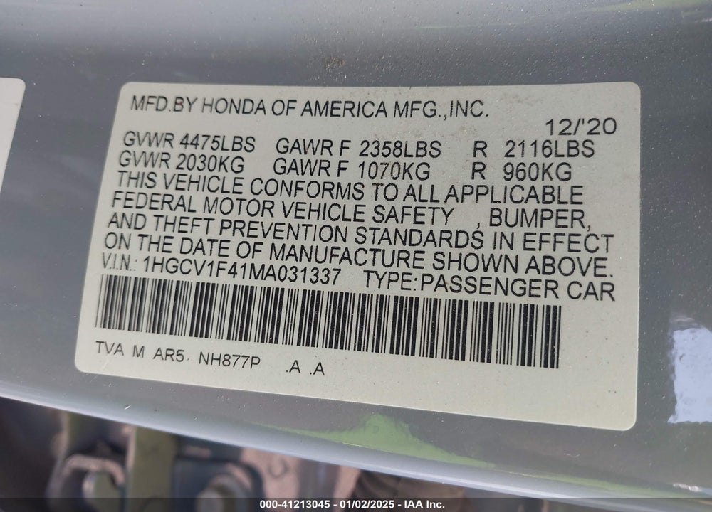 2021 HONDA ACCORD VIN: 1HGCV1F41MA031337