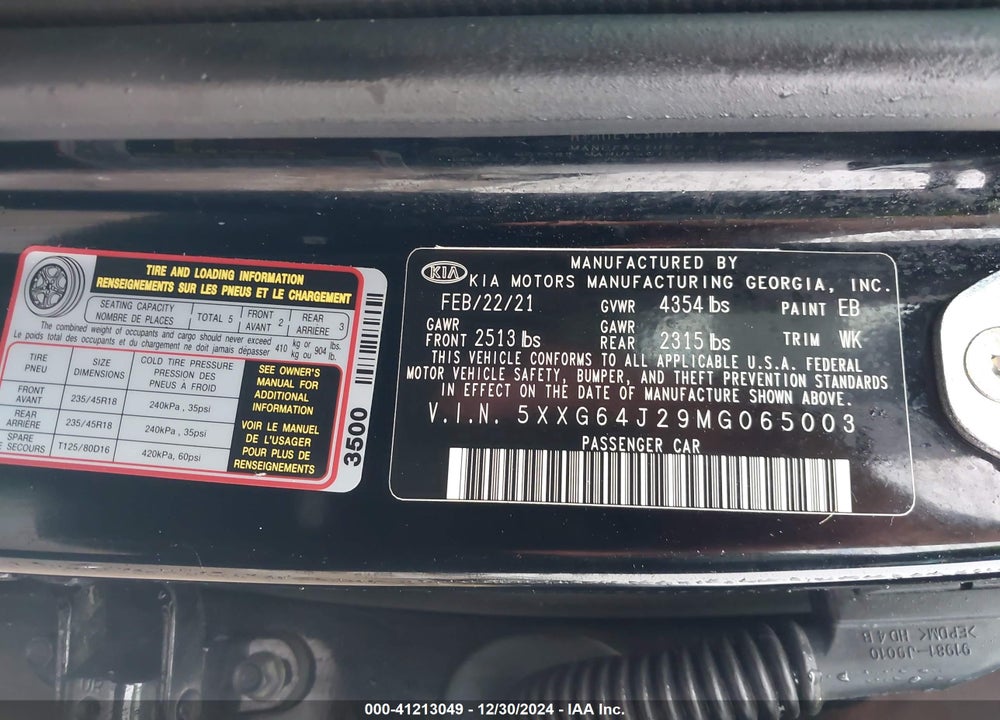 2021 KIA K5 GT LINE VIN: 5XXG64J29MG065003
