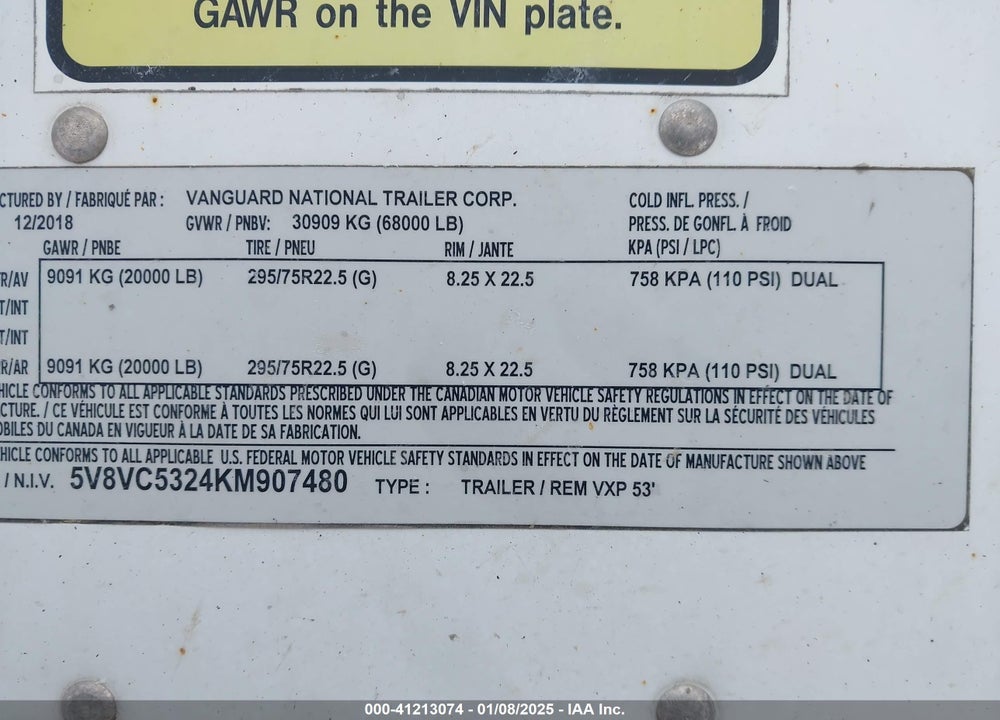 2019 VANGUARD NATIONAL --- VIN: 5V8VC5324KM907480