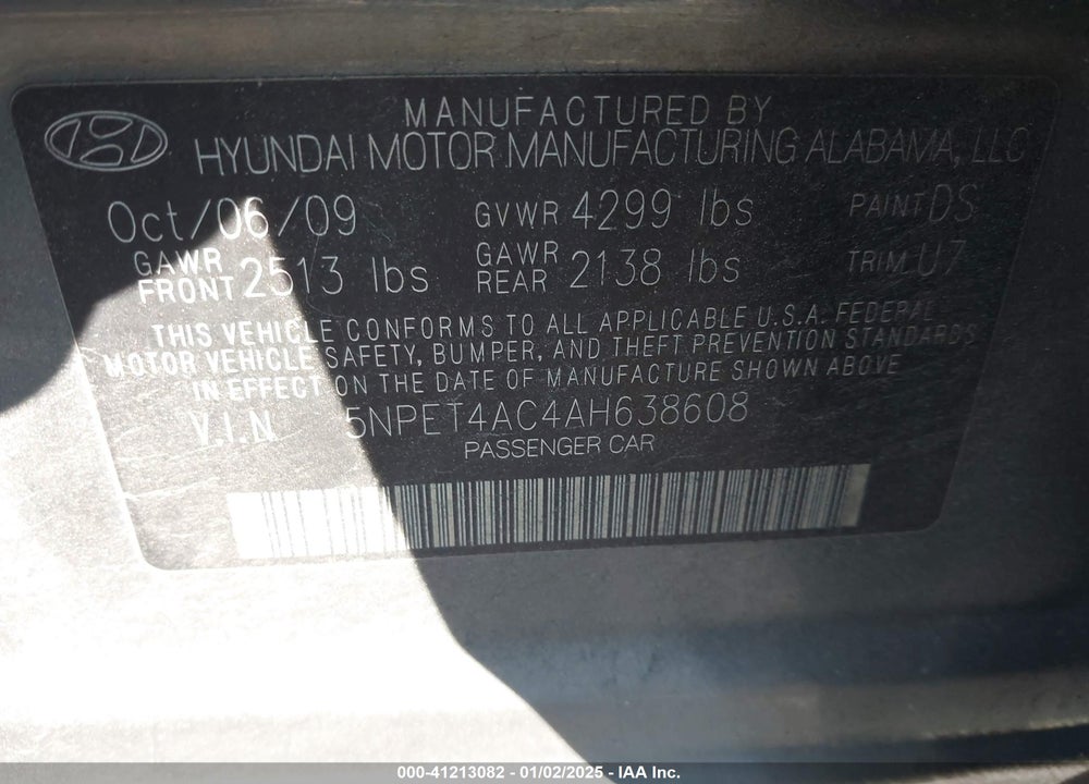 2010 HYUNDAI SONATA GLS VIN: 5NPET4AC4AH638608