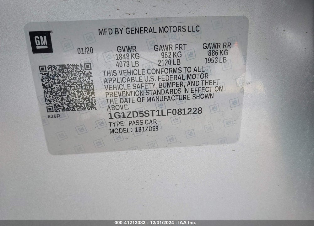 2020 CHEVROLET MALIBU FWD LT VIN: 1G1ZD5ST1LF081228