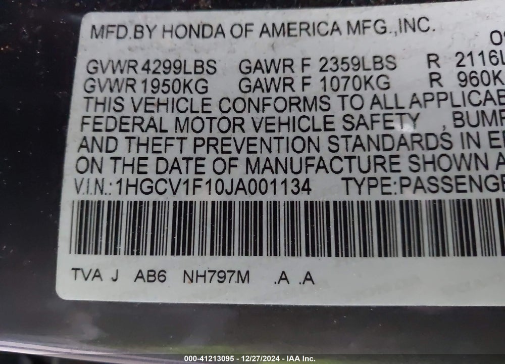 2018 HONDA ACCORD VIN: 1HGCV1F10JA001134