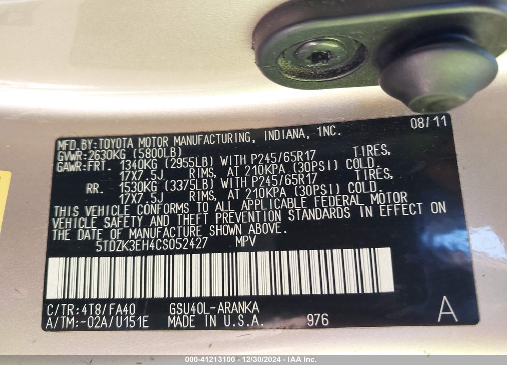 2012 TOYOTA HIGHLANDER SE VIN: 5TDZK3EH4CS052427