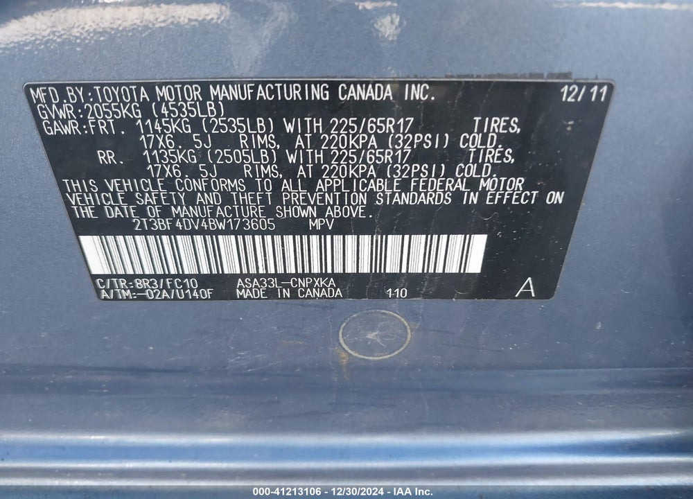2011 TOYOTA RAV4 VIN: 2T3BF4DV4BW173605