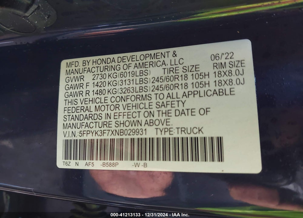 2022 HONDA RIDGELINE RTL VIN: 5FPYK3F7XNB029931