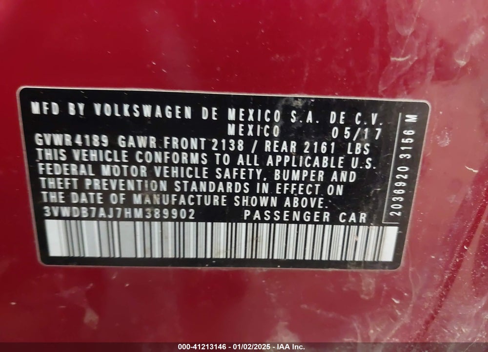 2017 VOLKSWAGEN JETTA VIN: 3VWDB7AJ7HM389902