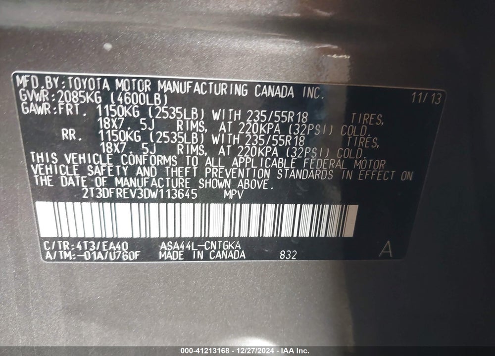 2013 TOYOTA RAV4 LIMITED VIN: 2T3DFREV3DW113645
