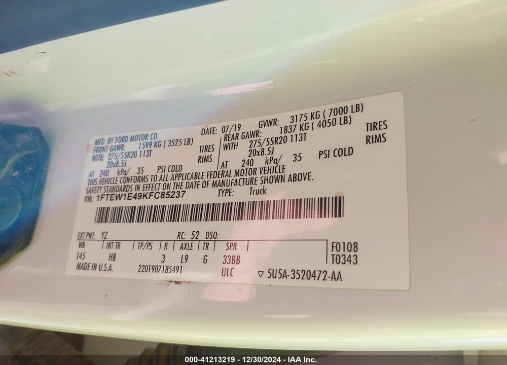2019 FORD F-150 LARIAT VIN: 1FTEW1E49KFC85237
