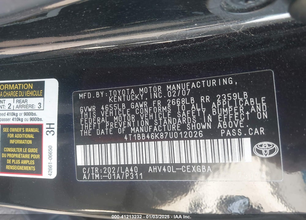 2007 TOYOTA CAMRY HYBRID VIN: 4T1BB46K87U012026