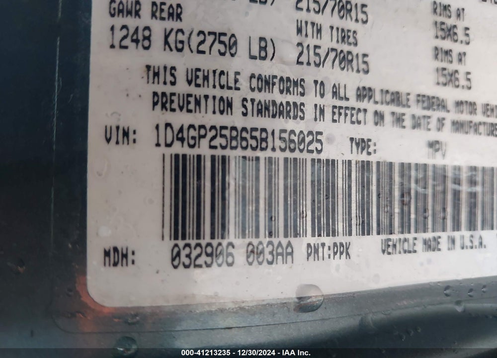 2005 DODGE CARAVAN VIN: 1D4GP25B65B156025