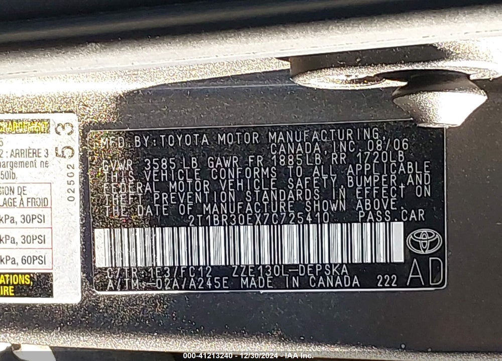 2007 TOYOTA COROLLA CE/LE/S VIN: 2T1BR30EX7C725410