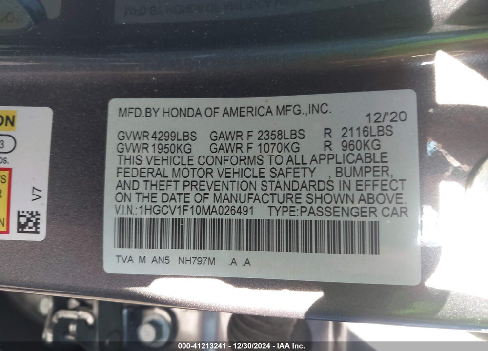 2021 HONDA ACCORD VIN: 1HGCV1F10MA026491