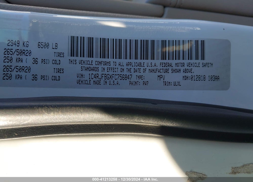 2015 JEEP GRAND CHEROKEE LIMITED VIN: 1C4RJFBGXFC756847