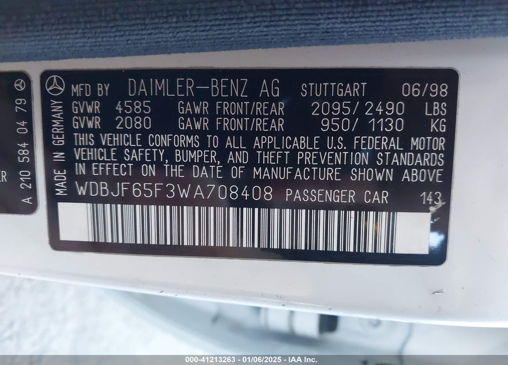 1998 MERCEDES-BENZ E 320 VIN: WDBJF65F3WA708408