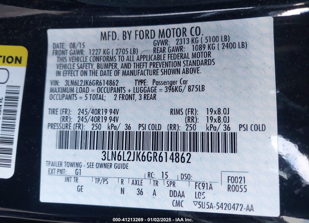 2016 LINCOLN MKZ VIN: 3LN6L2JK6GR614862