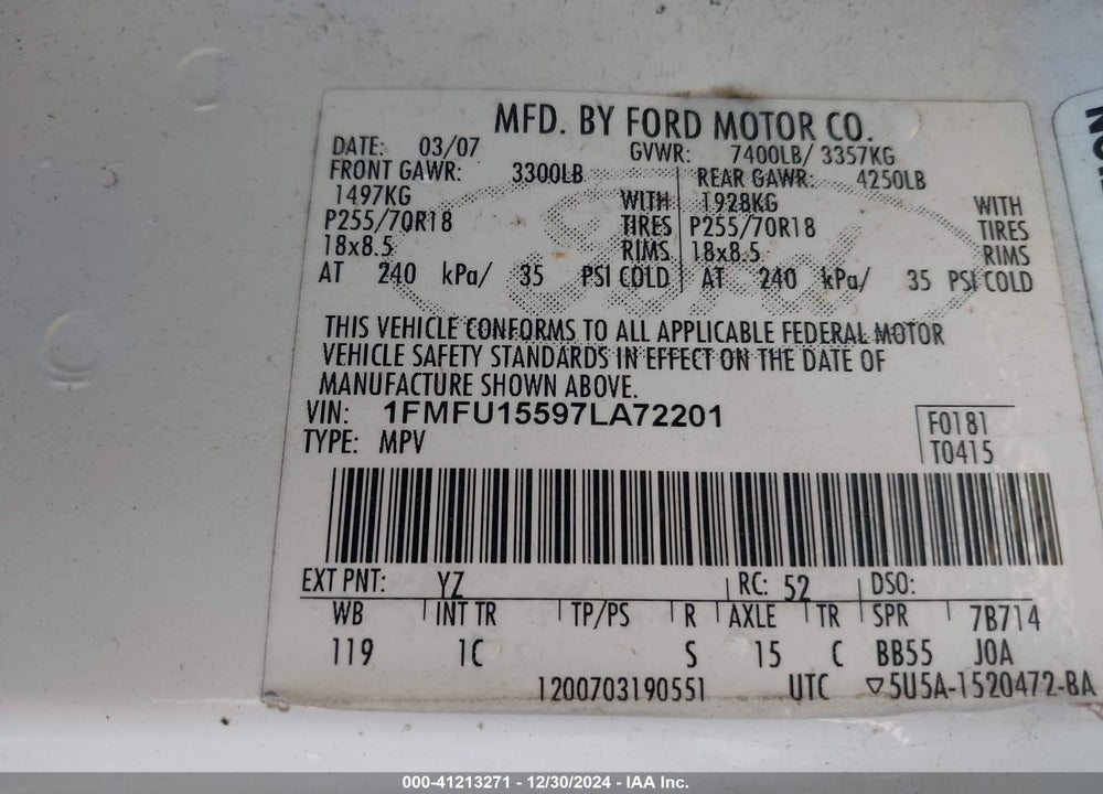 2007 FORD EXPEDITION XLT VIN: 1FMFU15597LA72201