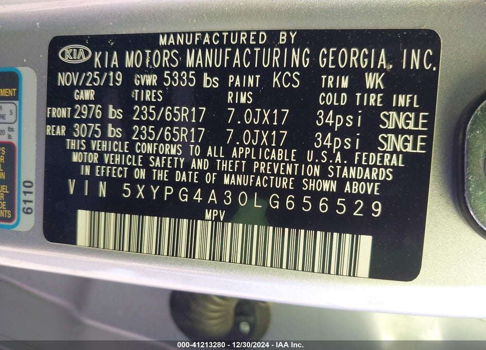 2020 KIA SORENTO L/LX VIN: 5XYPG4A30LG656529