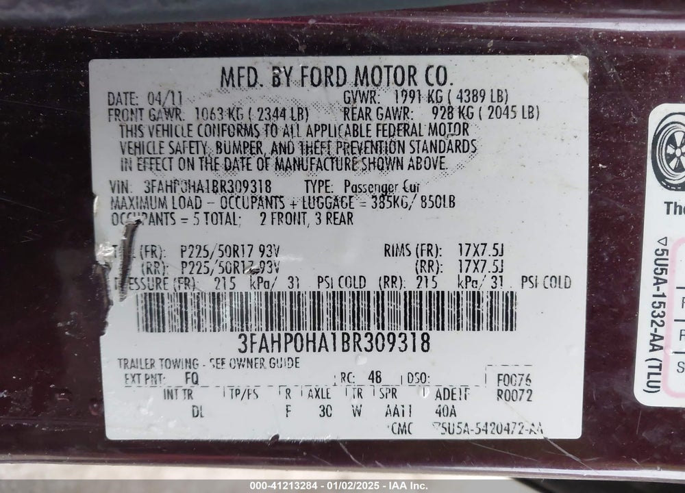2011 FORD FUSION SE VIN: 3FAHP0HA1BR309318