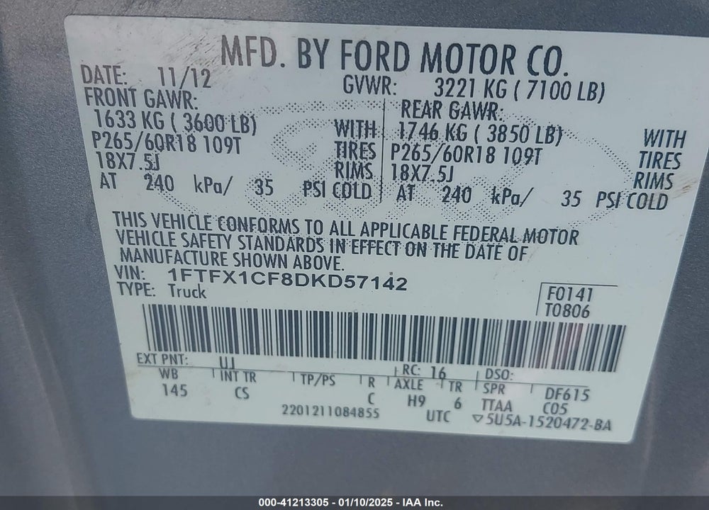2013 FORD F150 VIN: 1FTFX1CF8DKD57142