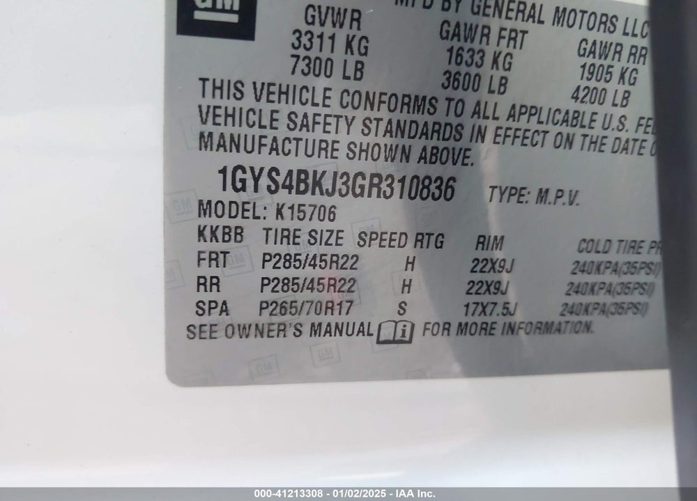 2016 CADILLAC ESCALADE VIN: 1GYS4BKJ3GR310836