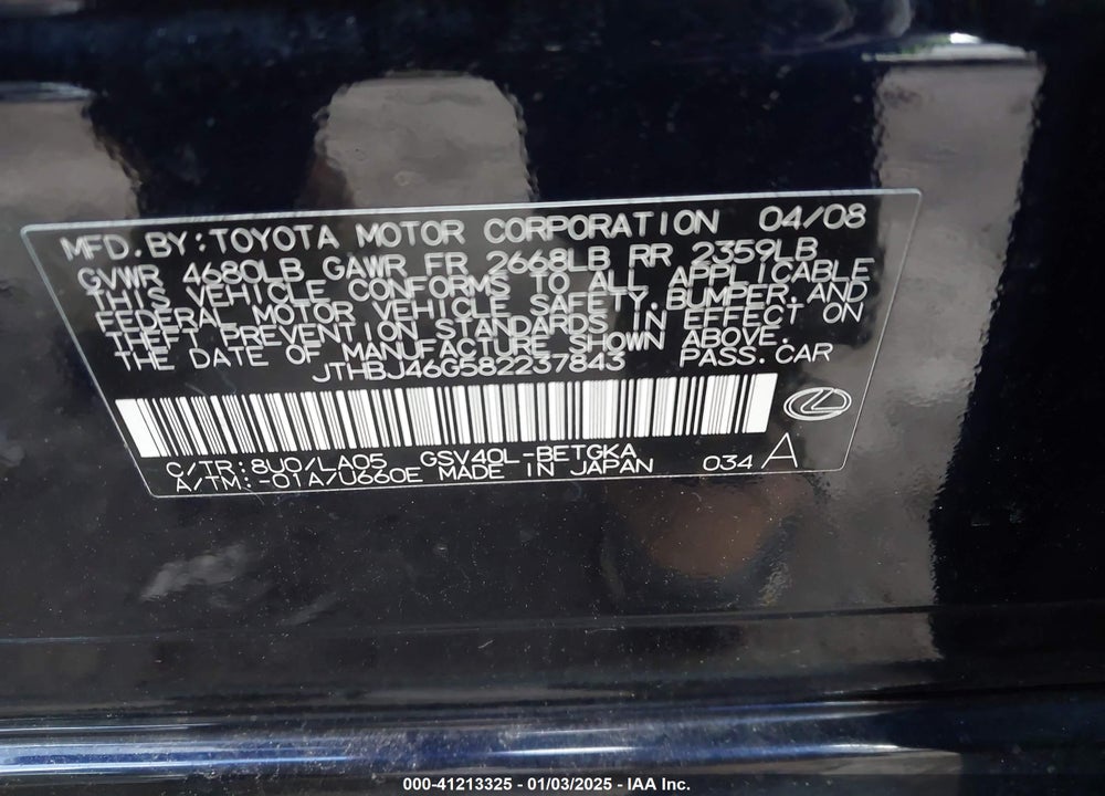 2008 LEXUS ES 350 VIN: JTHBJ46G582237843