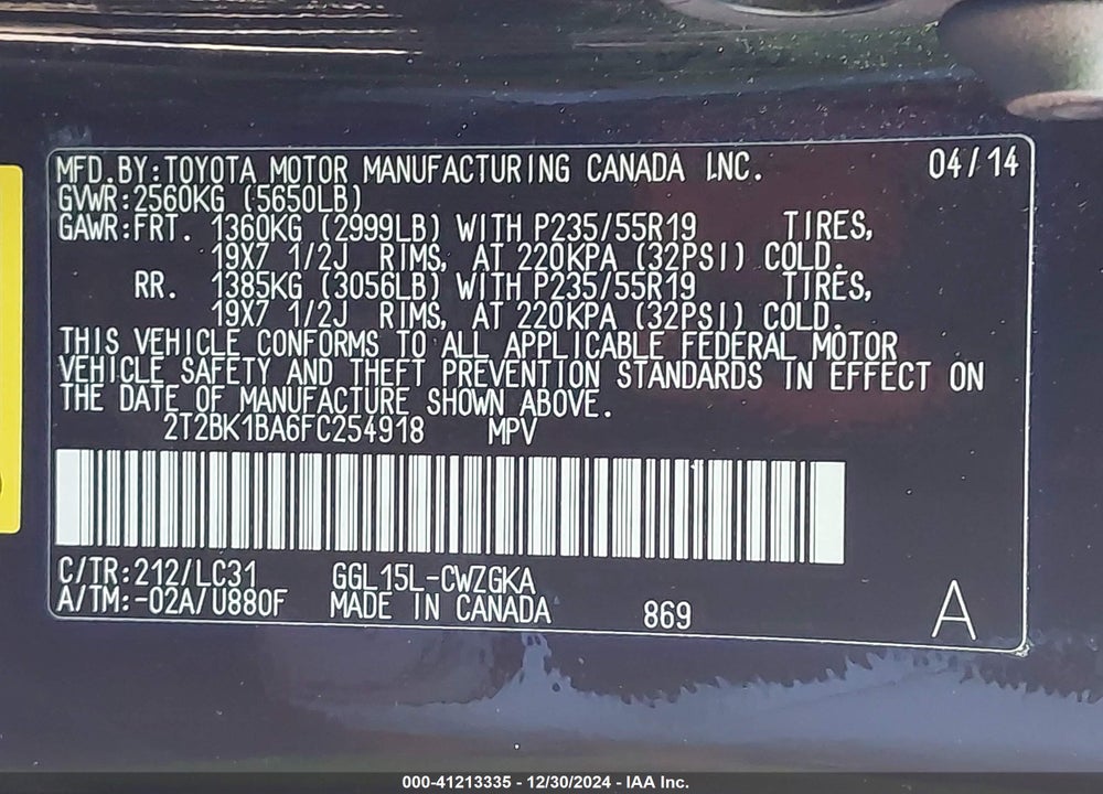 2015 LEXUS RX 350 F-SPORT VIN: 2T2BK1BA6FC254918