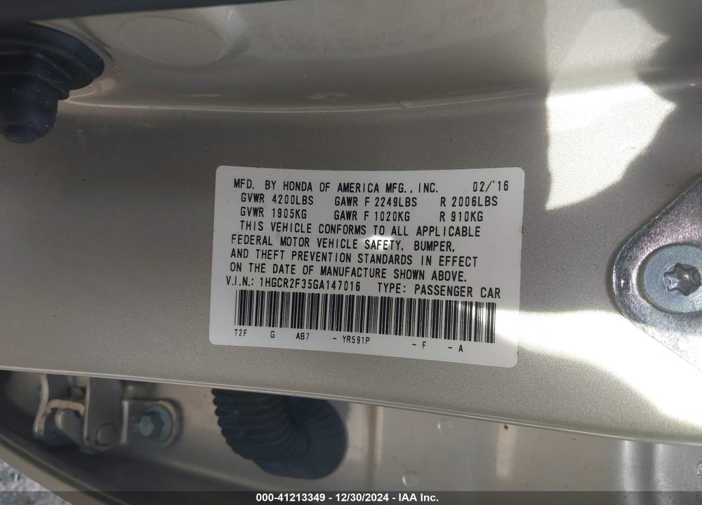 2016 HONDA ACCORD VIN: 1HGCR2F35GA147016