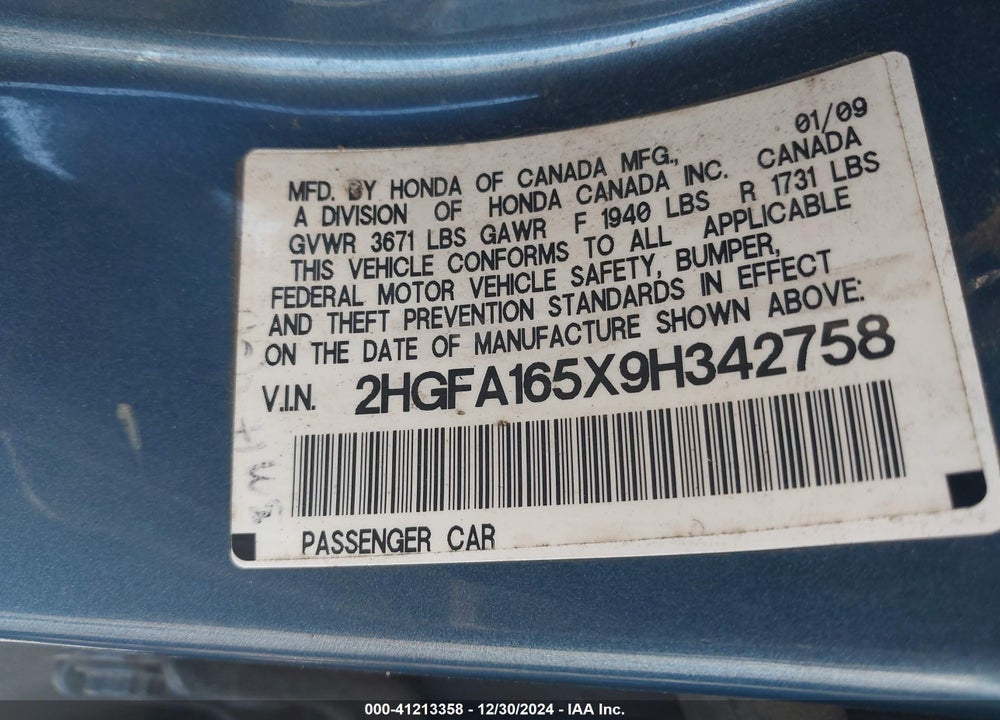 2009 HONDA CIVIC VIN: 2HGFA165X9H342758