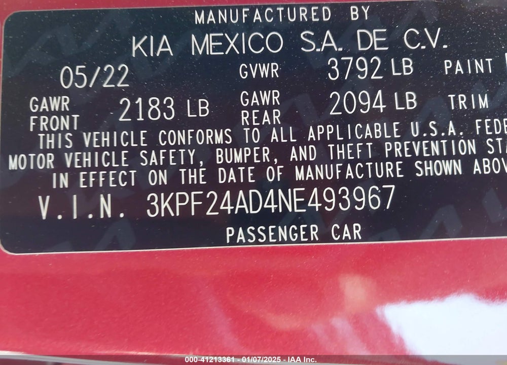2022 KIA FORTE VIN: 3KPF24AD4NE493967
