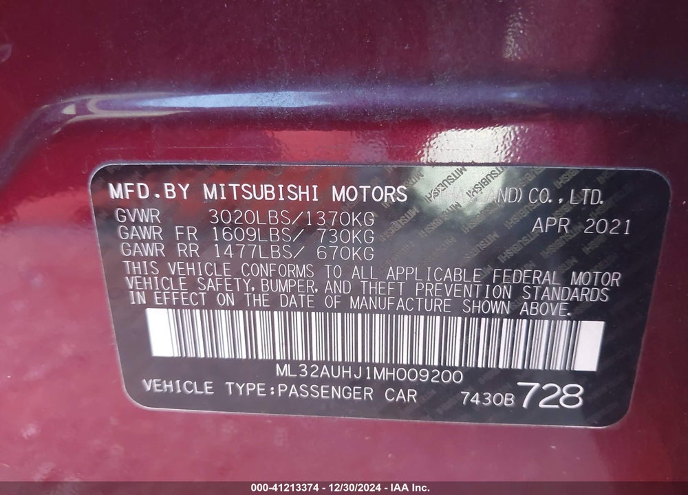 2021 MITSUBISHI MIRAGE ES/LE/CARBONITE EDITION VIN: ML32AUHJ1MH009200