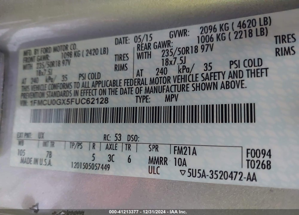 2015 FORD ESCAPE SE VIN: 1FMCU0GX5FUC62128