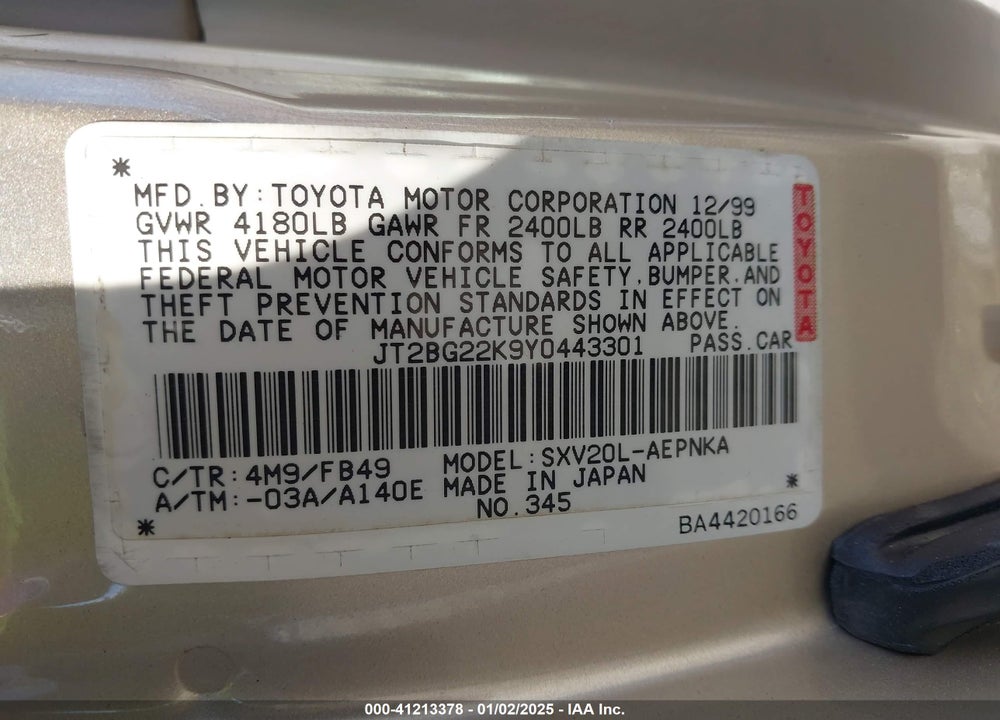 2000 TOYOTA CAMRY LE VIN: JT2BG22K9Y0443301