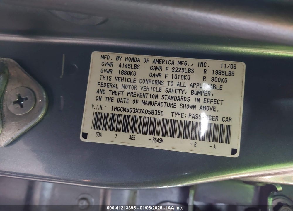 2007 HONDA ACCORD VIN: 1HGCM563X7A058350